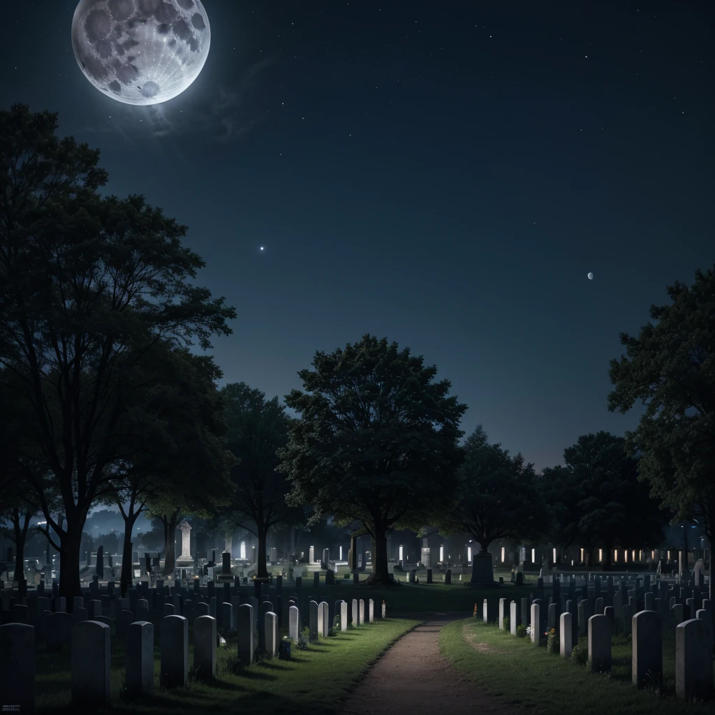Scenery of a cemetery at night with moonlight, super detaill, epic composition, ultra HD, high qualiy, extremely detaild, offcial art, 8k unified wallpaper, super detaill, 32k - v.6