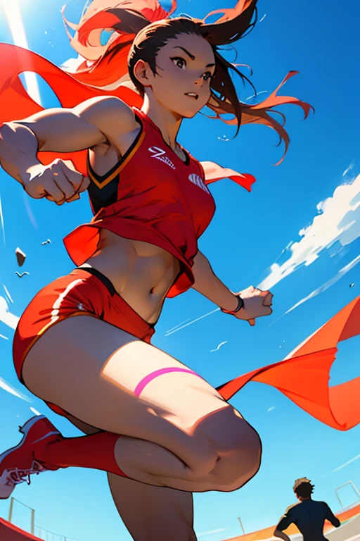 Clear skies、athlete、Jump、Girl、Dynamic composition、Vibrant colors, Bold brushstrokes, High contrast shadows. In the foreground, 