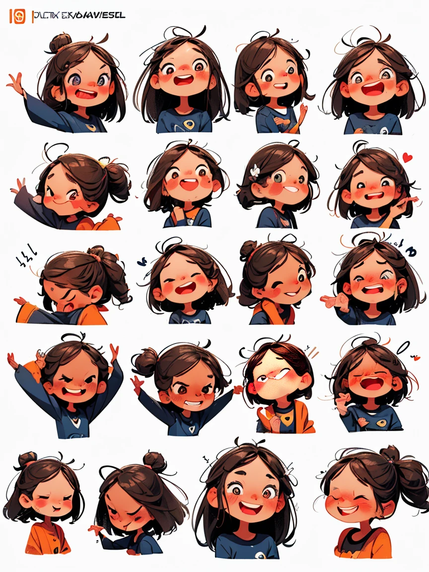 chibi, Cute and humorous Q version Chinese girl，big eyes，bust，sticker, (9 emojis, emoji sheet, Align arrangement)，(9 poses and expressions), (Grieving, astonishment, having fun, excitement, big laughter, angry, doubt, Touch your head, Sell moe, wait), illustration，Emoticon Art Design，Exquisite details，Ultra HD，8K，(Detailed avatar table, Front diagram:1.5), (White background:1.5), Emoticon packages, (arranged neatly:1.2, spaced separately:1.2, not overlapping:1.2)，Well-defined shadows，Ultra-saturated colors，Motion capture, ((Nine Palace Grid Layout))