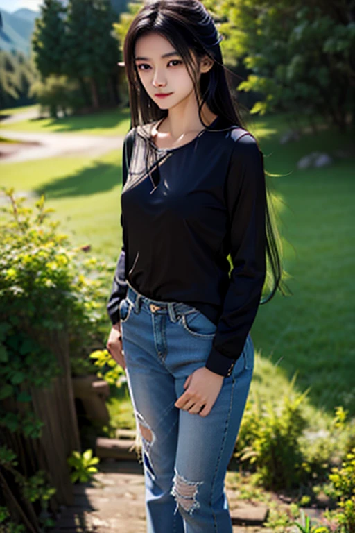 A beautiful young asian woman with long dark hair wearing A black shirt and blue jeans, standing on a dirt path