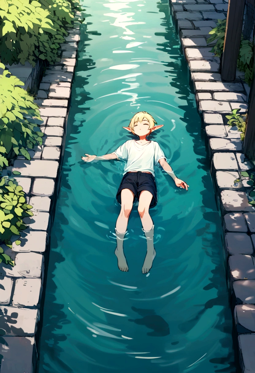 Elf man floating in water wearing only simple shorts,blonde elf man,Short Hair,Beautiful Water,Floating,relax,juvenile,Pond surrounded by cobblestones