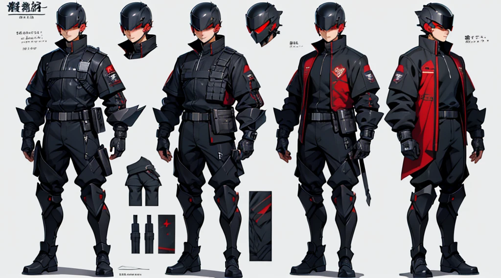 Character design sheet、boy、Smart black military uniform、Short Hair、Detailed face、Red Eyes、Body Armor、Cyber Helmet