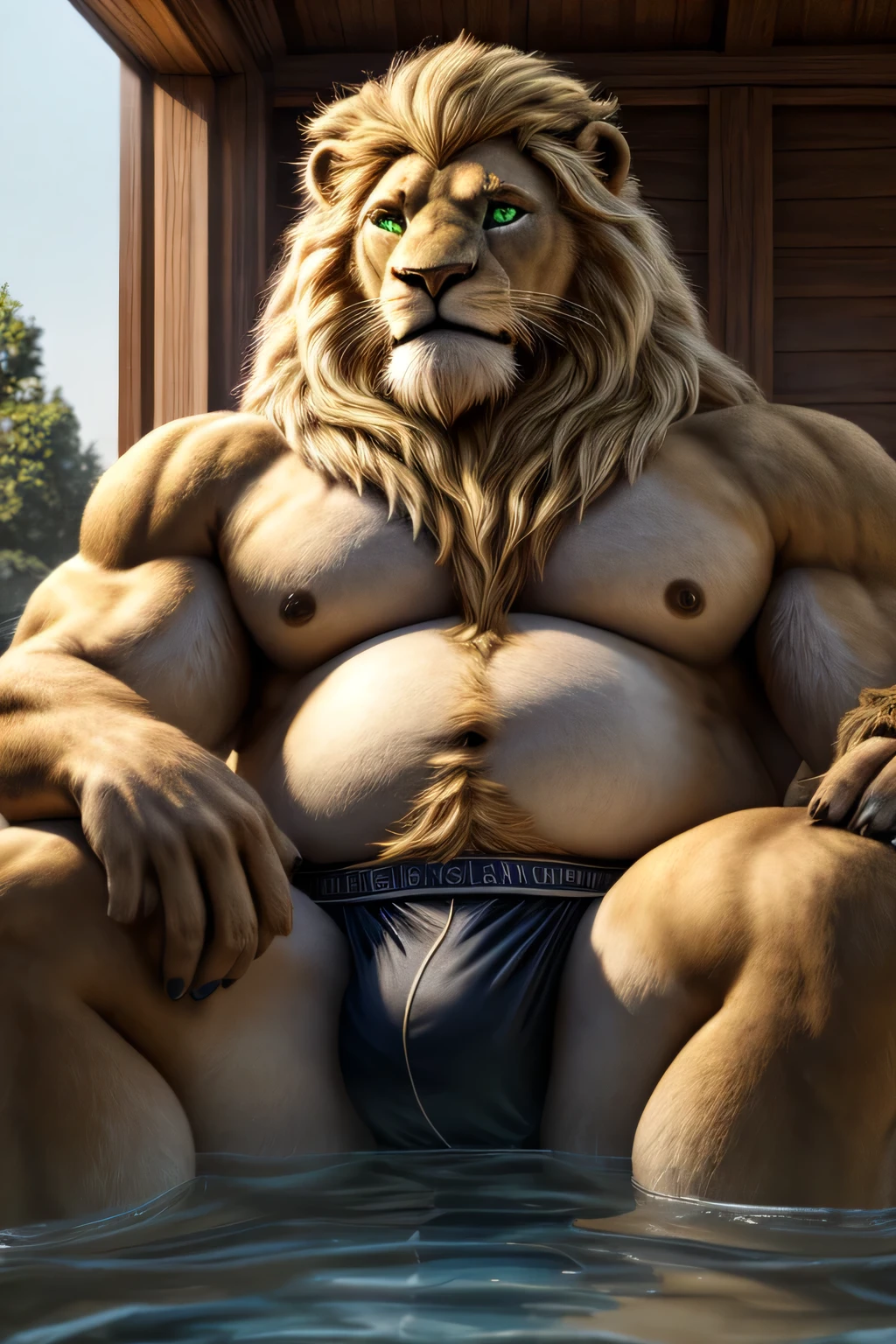 A fat anthro lion with a long, blonde mane, a black beard, and piercing green eyes, sitting in a jacuzzi in a luxurious house, wearing a tight jockstrap, and showcasing an impressive, very fat and bulky physique with a sagging belly and pectorals. The lion's fur is photorealistic, detailed, and epic, with a masterful level of artistry. The facial features, including the eyes, are extremely detailed and realistic.