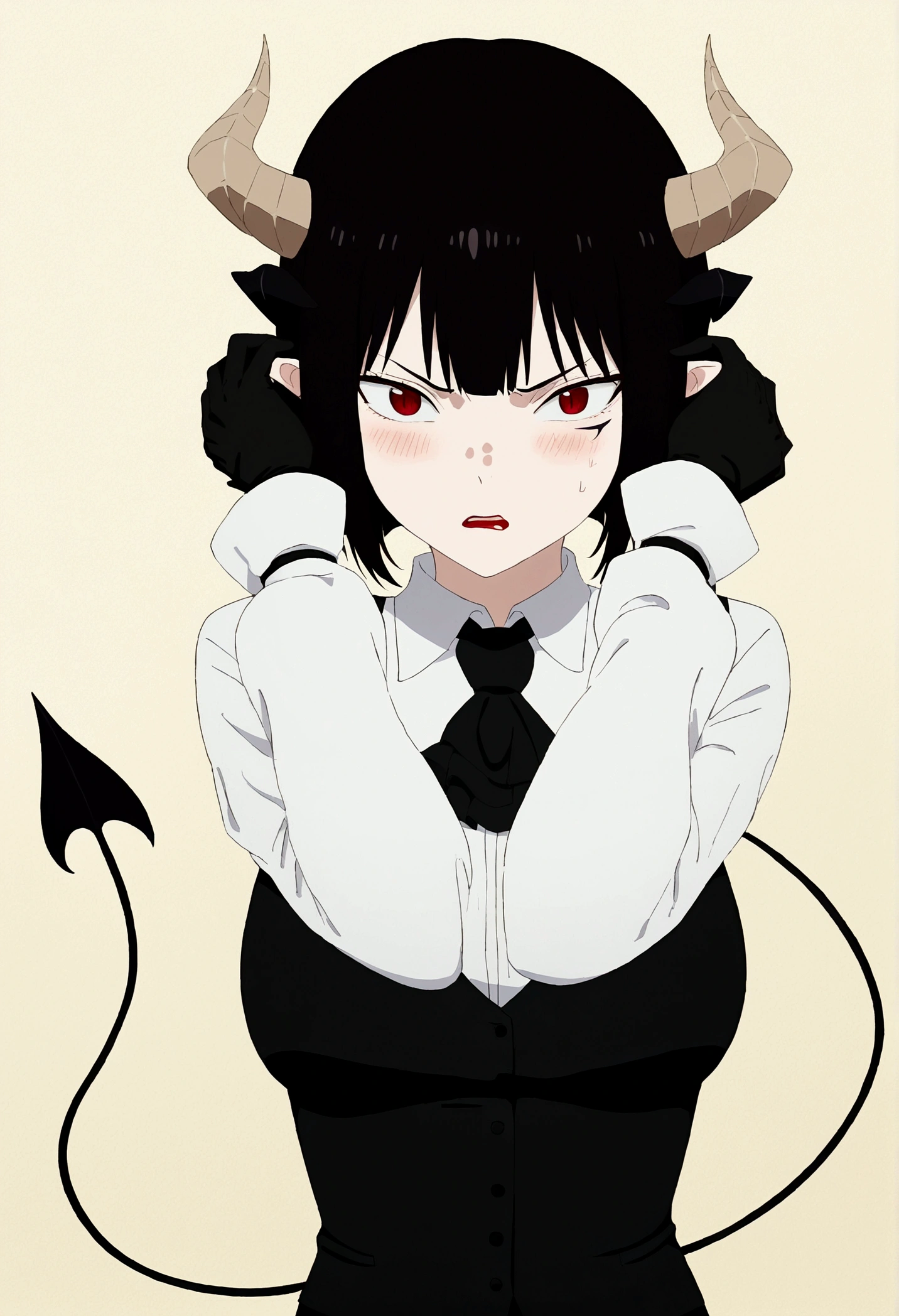 work of art, best qualityer, high resolution, 1girl horns short hair demon tail, white shirt black ascot black gloves black pants black vest , Hands behind the head,Eyes red,blushed,slender,angry
