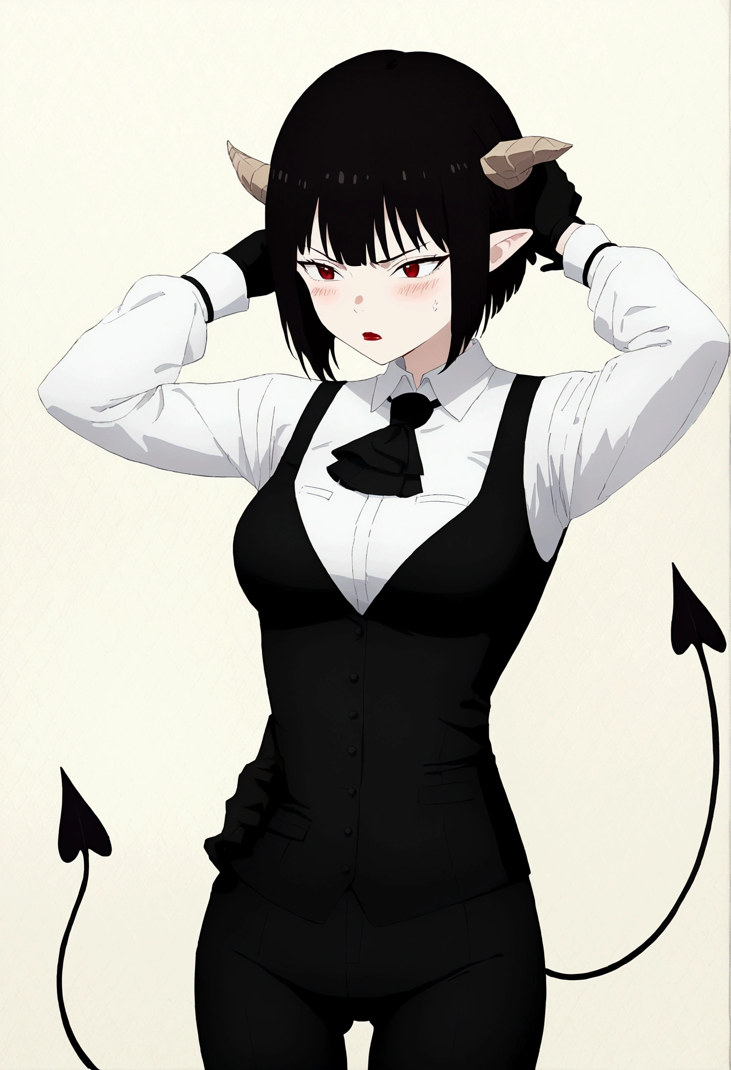 work of art, best qualityer, high resolution, 1girl horns short hair demon tail, white shirt black ascot black gloves black pants black vest , Hands behind the head,Eyes red,blushed,slender,angry
