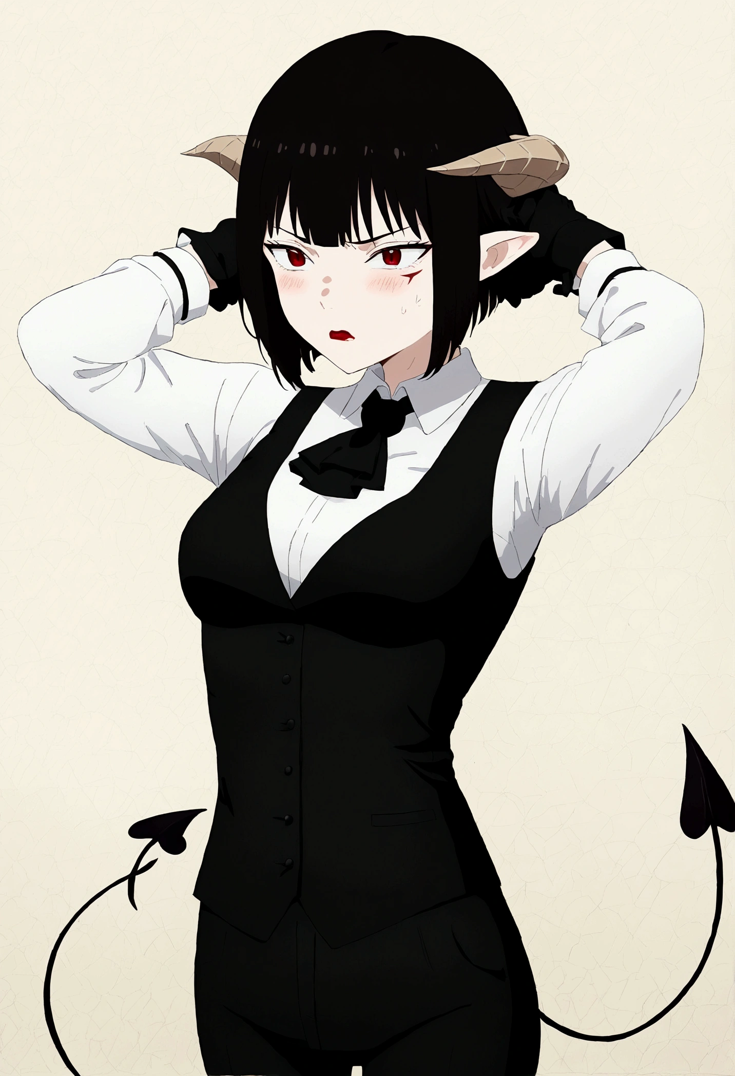 work of art, best qualityer, high resolution, 1girl horns short hair demon tail, white shirt black ascot black gloves black pants black vest , Hands behind the head,Eyes red,blushed,slender,angry
