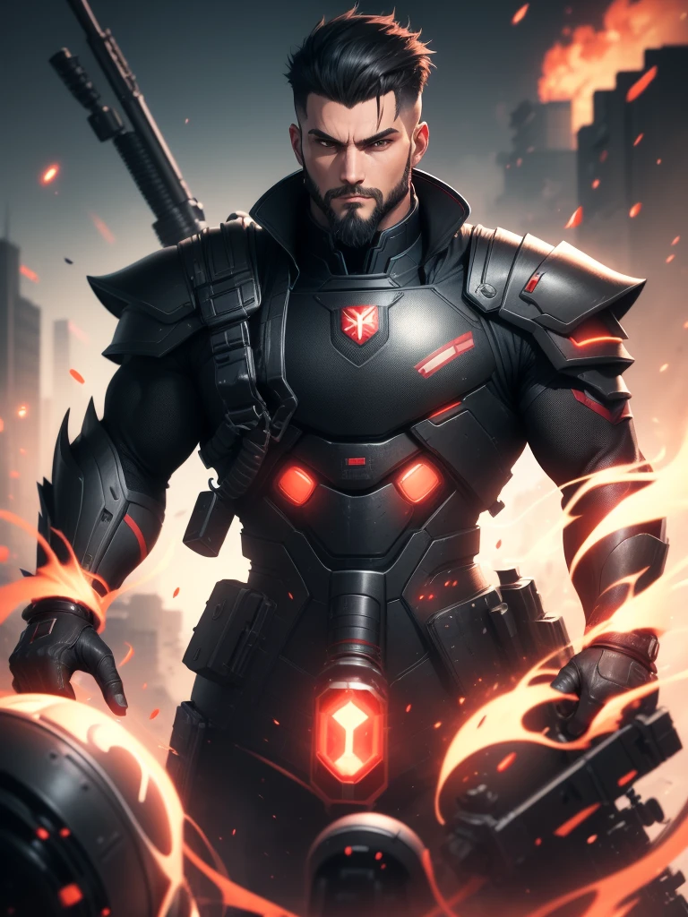 アニメ, grown-up. Supreme Marshal serious muscular slim strong with a long sniper flank gun with red plasma technological details. Short black hair on top combed back short high fade shaved on the side. Wearing super detailed and dark equipped black armor with various equipment with red technological details, well polished and polished with equipment vests on the waist with grenades and energy vials. Beautiful black and red earring. beautiful boss, male with short beard style elegant goatee. fund: He is on top of a building aiming a long sniper with red plasma technological details. Large, flowing black coat on the back.
