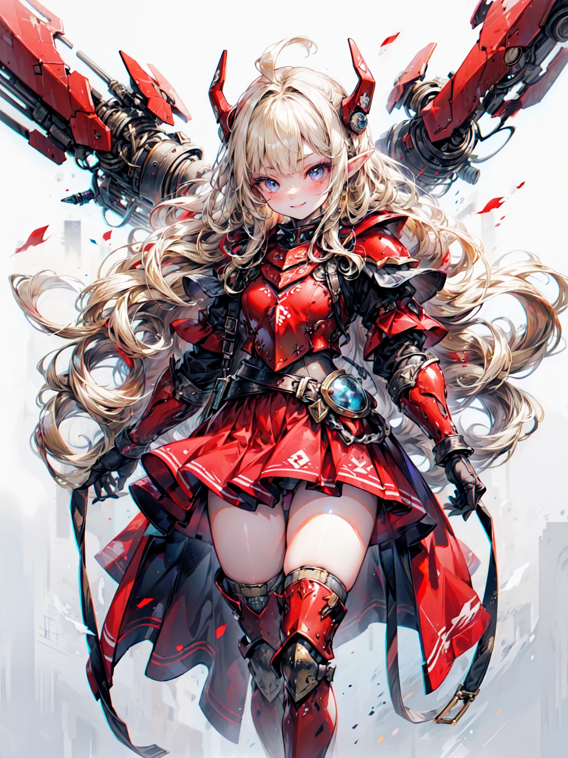 Very detailed、Highest quality、Best image quality、masterpiece、8K、Anime Face、優しいsmile、Open your mouth、Sparkling Blue Eyes、(Blonde wavy hair:1.5)、、Muscles of the whole body、camisole、Thigh belt、mini skirt、(Wearing red armor:1.5)、(Cowboy Shot:1.5)、(Instep:1.5)、Wearing a helmet、Blake、（Dark Elf), (1 Girl), alone, 優しいsmile、Perfect Face, Get used to it, Ahoge, ((Long Hair:1.2)), [[Messy Hair]], Shiny blonde white hair, Purple eyes, Variegated eyes, Colorful Hair, Shining Eyes, (eyelash, eye shadow, pink eye shadow), bright, smile, Design Art：haruhiko mikimoto, by Kawashi, By Yoshitaka Amano, （Dark brown skin）