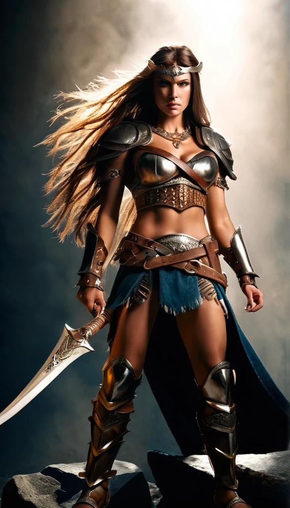 Alissa Milano as a fierce barbarian queen, incredibly strong and alluring, (1girl, muscular body, long flowing hair, determined expression, barbarian-style armor and accessories, (epic:1.2), dynamic pose, (photorealistic:1.37), dramatic lighting, cinematic composition, muted color palette, dramatic shadows, chiaroscuro)