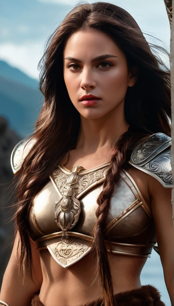 Alissa Milano as a fierce barbarian queen, incredibly strong and alluring, (1girl, muscular body, long flowing hair, determined expression, barbarian-style armor and accessories, (epic:1.2), dynamic pose, (photorealistic:1.37), dramatic lighting, cinematic composition, muted color palette, dramatic shadows, chiaroscuro)