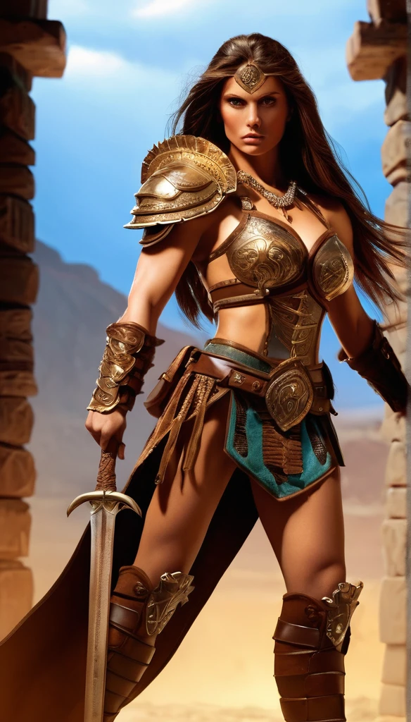 Alissa Milano as a fierce barbarian queen, incredibly strong and alluring, (1girl, muscular body, long flowing hair, determined expression, barbarian-style armor and accessories, (epic:1.2), dynamic pose, (photorealistic:1.37), dramatic lighting, cinematic composition, muted color palette, dramatic shadows, chiaroscuro)