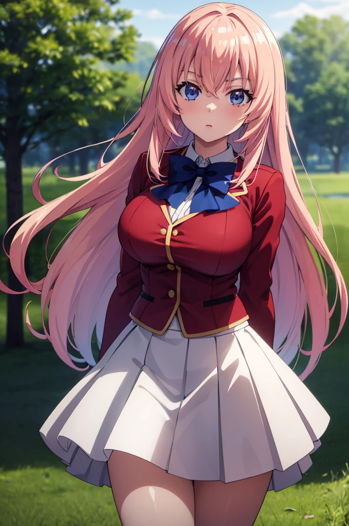 (masterpiece:1.3), (best quality:1.1), (8k, ultra detailed, ultra high res:1.2), ((anime style)), perfect 5 fingers, perfect anatomy, arms behind back,
1girl,
Ichinose honami,
Ichinose honami \(youjitsu\),
long hair,
pink hair,
blue eyes, round eyes, tareme,
blue bow,
large breasts,
red jacket, long sleeves, white skirt, pleated skirt, black calf socks,
loBREAK oking at viewer,
cowboy shot,
perfect light,
(detailed background:1.2), outdoor, outside, forest, sky, sun,