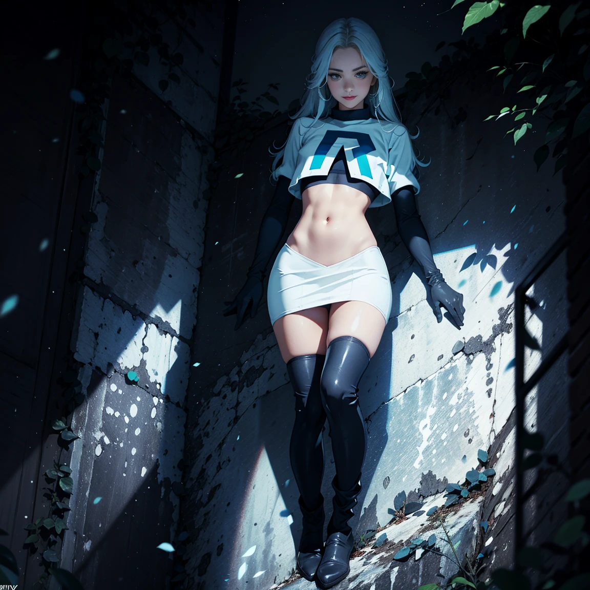 1girl, (solo), very long straight hair, light blue hair, flat chest, small size, blue eyes, fair skin, glossy lips, team rocket uniform, blue letter A, white skirt, white crop top, black thigh-high boots, black elbow gloves, smile, looking down on viewer, kneeling down, legs crossed, naked sex, sex view, full body, (days), sun, out forest, (very sexy body, detailed face, masterpiece, highly detailed, 8k, best quality, vibrant colors, digital art, concept art)