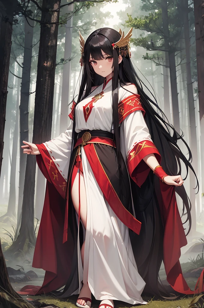 fantasy, semi-realistic, long black hair, female human, priestess, gray eyes, red and white robes, full body, wide hips, full body, forest background, neutral expression, middle parted fringe, arms on sides, medieval fantasy,