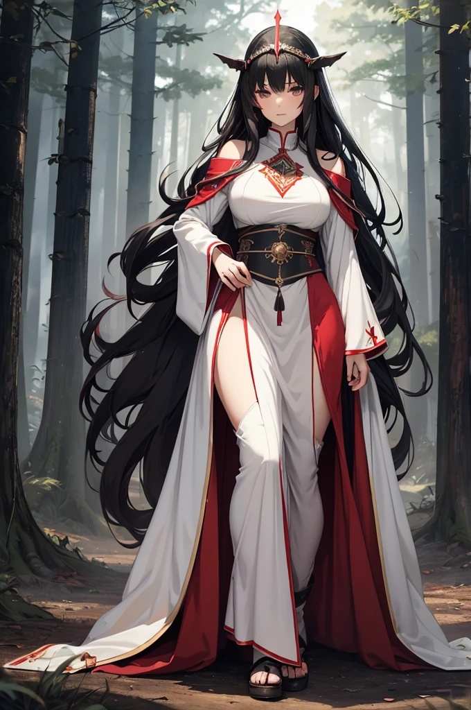 fantasy, semi-realistic, long black hair, female human, priestess, gray eyes, red and white robes, full body, wide hips, full body, forest background, neutral expression, middle parted fringe, arms on sides, medieval fantasy,