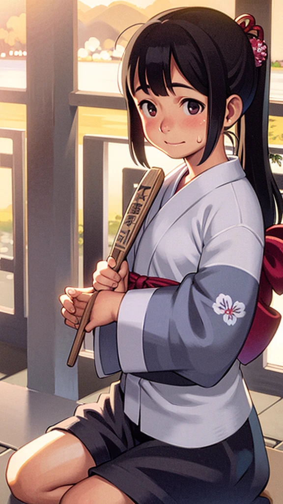12-year-old girls、Pure girl、Cute smile、Sparkling Eyes、Healthy Skin、Summer night、White cloud、Blue sky、(fullbody shot)、Detailed Hair、Small breasts、slender、Looking at veiwer、Hair blowing in the wind、very loud laugh、Blushed cheeks、Sweaty face、Lots of sweat、ultla kawaii、black hair、ponytail、(japanese natsumatsuri、YUKATA、uchiwa)