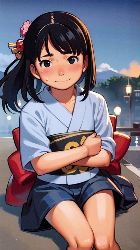 s、Pure girl、Cute smile、Sparkling Eyes、Healthy Skin、Summer night、White cloud、Blue sky、(fullbody shot)、Detailed Hair、Small breasts、slender、Looking at veiwer、Hair blowing in the wind、very loud laugh、Blushed cheeks、Sweaty face、Lots of sweat、ultla kawaii、black hair、ponytail、(japanese natsumatsuri、YUKATA、uchiwa)