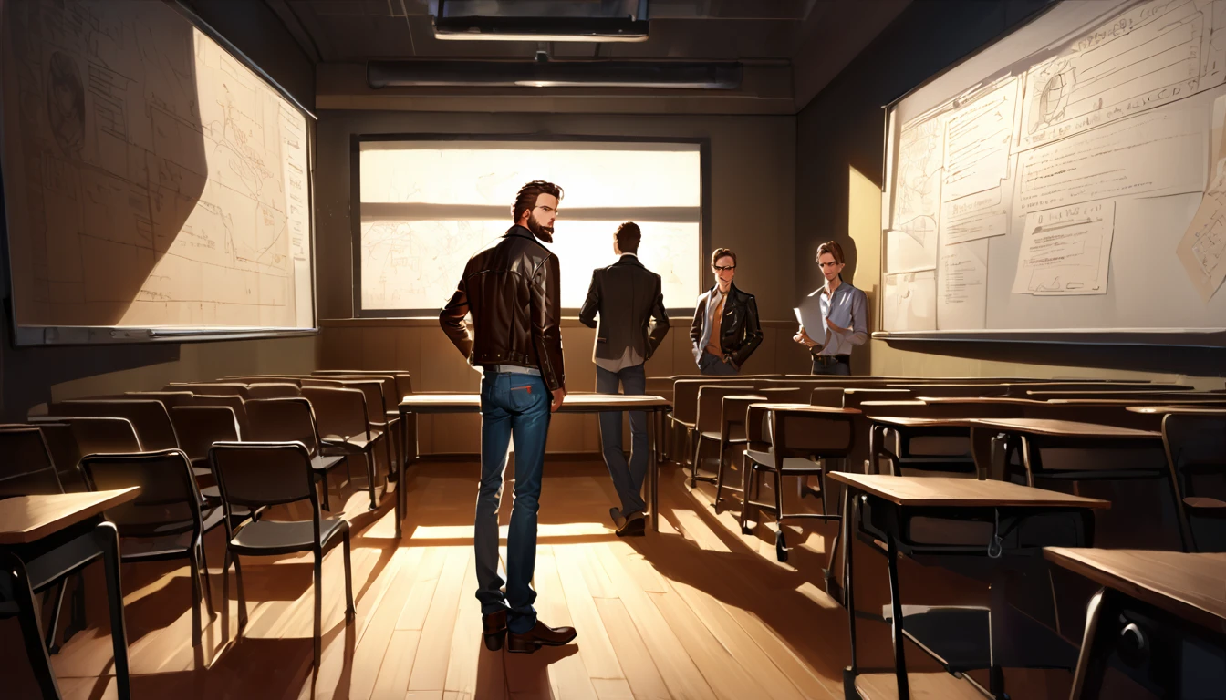 Ultra-realistic style, college lecture hall, confident young man (early 40s), medium-length brown hair, trimmed beard, black round glasses, piercing blue eyes, button-up shirt, leather jacket, jeans, professor standing among students, dim lighting, projector shadows, students taking notes, academic posters, whiteboard with diagrams.