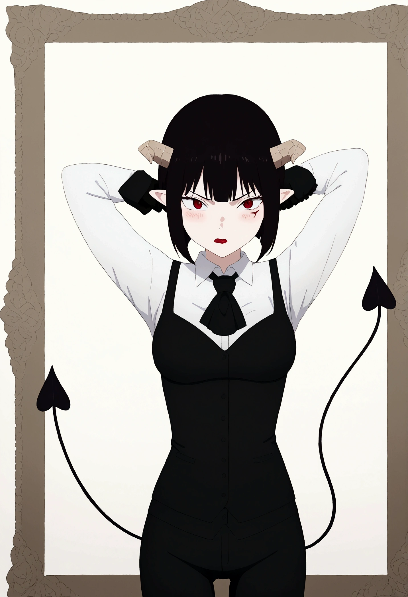 work of art, best qualityer, high resolution, 1girl horns short hair demon tail, white shirt black ascot black gloves black pants black vest , Hands behind the head,Eyes red,blushed,slender,angry,fully body