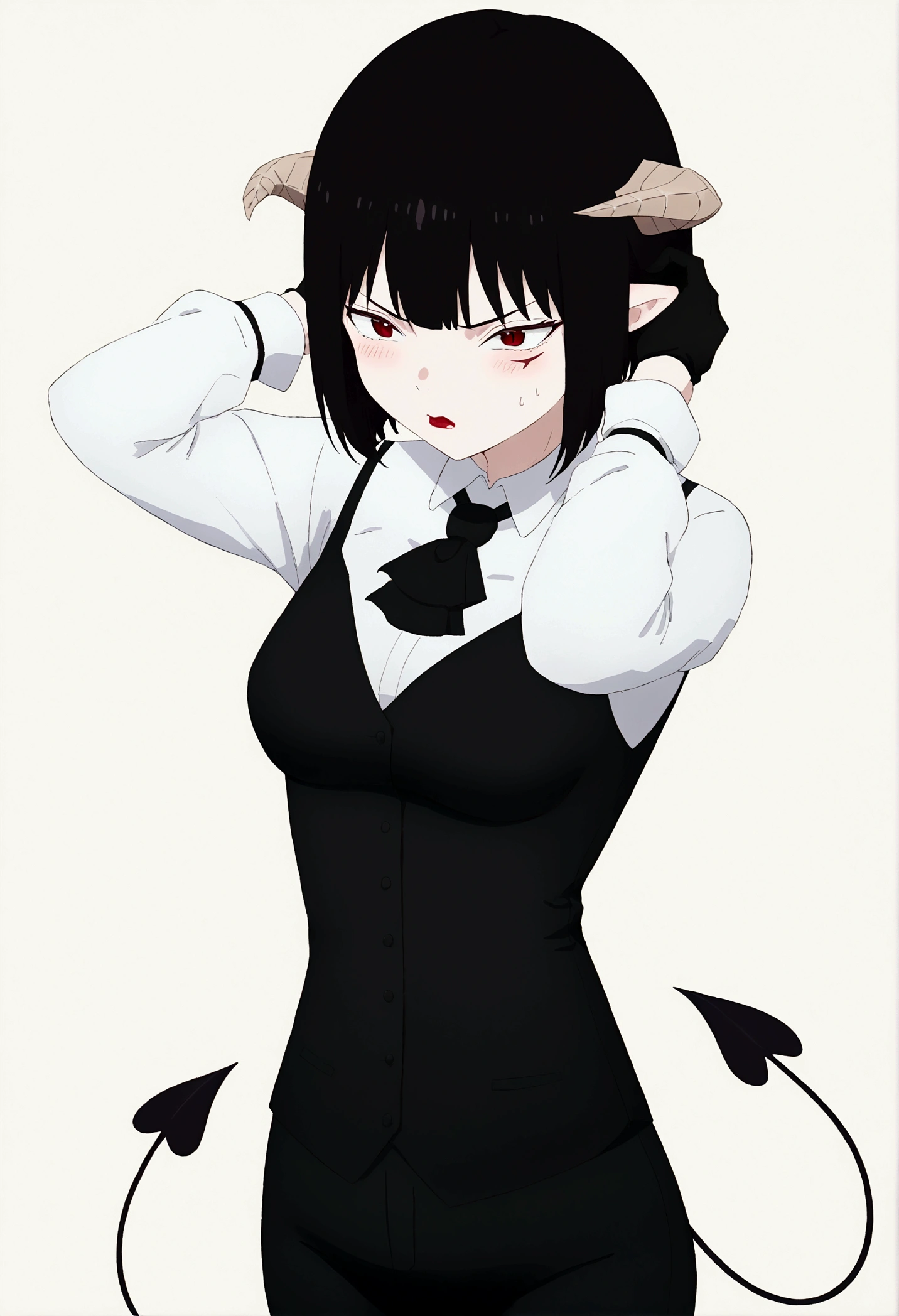 work of art, best qualityer, high resolution, 1girl horns short hair demon tail, white shirt black ascot black gloves black pants black vest , Hands behind the head,Eyes red,blushed,slender,angry,fully body
