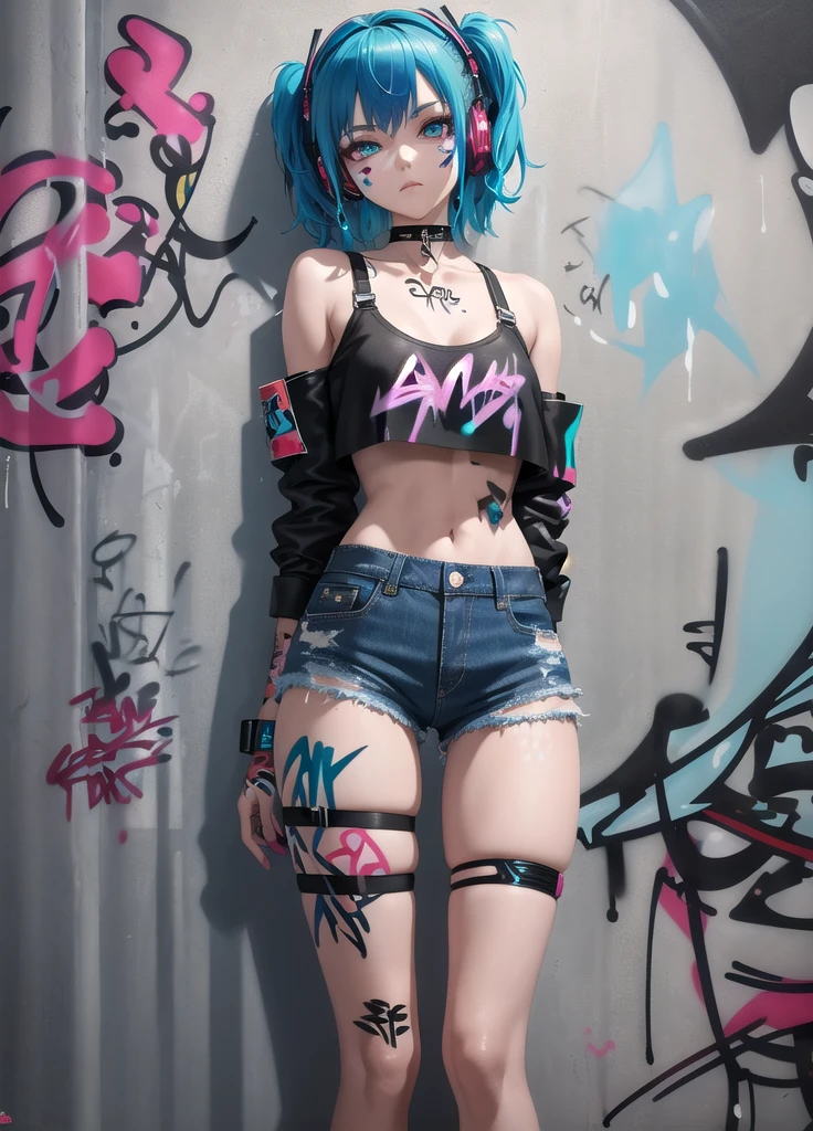 masterpiece, best quality, 1girl, solo, tron lace crop top, denim shorts, choker, (graffiti:1.5), paint splatter, arms behind back, against wall, looking at viewer, armband, thigh strap, paint on body, head tilt, bored, multicolored hair, aqua eyes, headset,