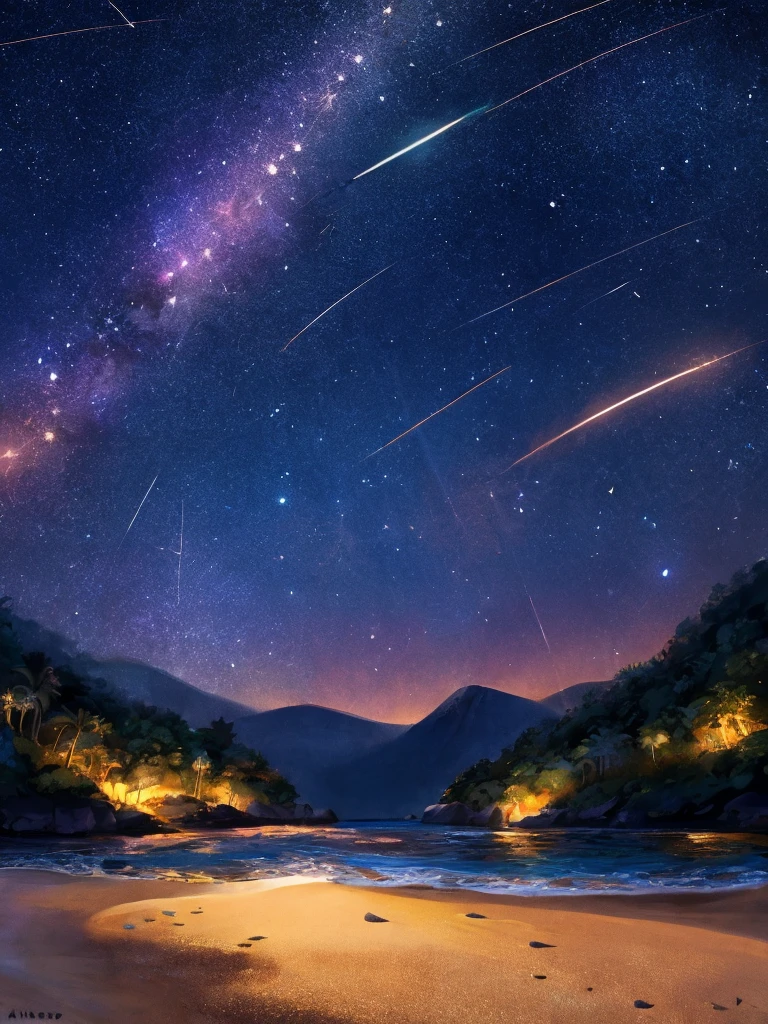 Masterpiece, beautiful night time beach, starry, a big shooting star.
