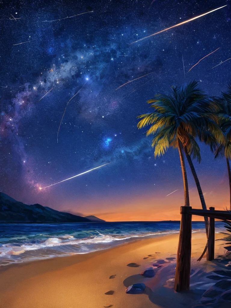 Masterpiece, beautiful night time beach, starry, a big shooting star.