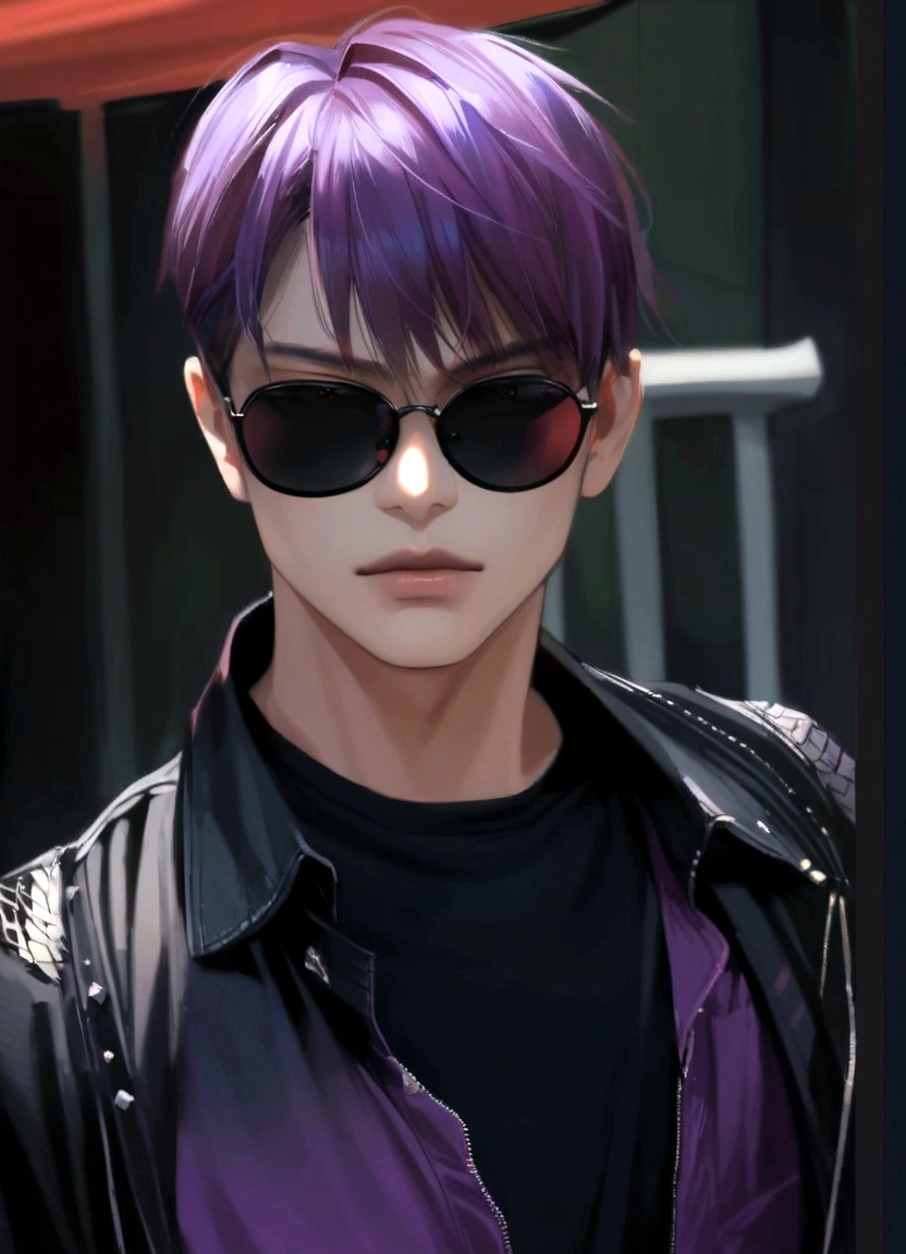 Close-up of a person wearing sunglasses and a shirt, Wearing sunglasses, Wearing sunglasses, good looking,male性,male,Japanese,male性,Reddish-purple hair color,High resolution