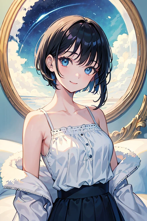 ((Highest quality)), ((masterpiece)), (Familiar), Illustration Style,Perfect Face,1 Girl,Black Hair,Short Hair,Glowing Skin,big, Bright Blue Eyes,Beautiful Bangs,Small breasts,Super Beauty,woman,16 years old,camisole ,Beautiful clothes,noon,smile,