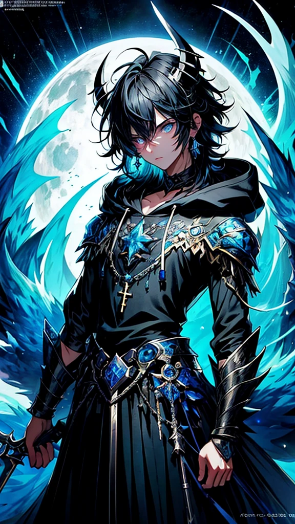 (masterpiece:1.2、highest quality), (Exquisite eyes: 1.2), (Detailed Background、Dark fantasy), (beauty detailed face), High Contrast, (Best lighting、Very delicate and beauty), ((Cinema Lighting) )), colorful, Hyper Detail, Dramatic Light, Intricate details, (1 teen boy, scruffy black hair, bangs, Blue eyes, moon, dark night, long earrings, black hoodie, blue demon horns, blue great sword at the back, looking at viewer, upper body), Black light swirling around the character, Depth of written boundary, black light particles, Nightcore, Spectacular anime style, zerochan art, Anime Wallpaper, Burning, High quality anime art style, Key Anime Art