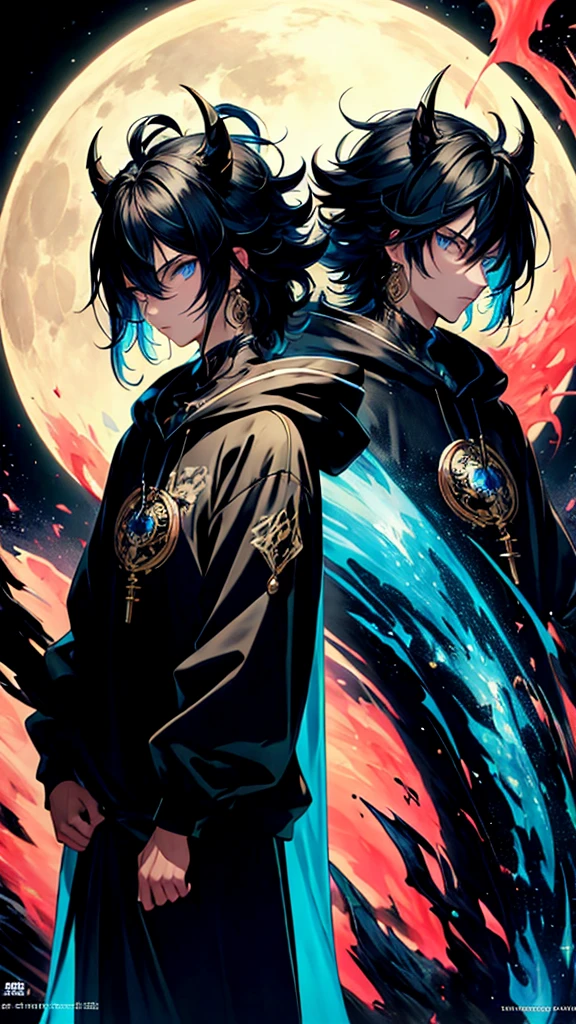 (masterpiece:1.2、highest quality), (Exquisite eyes: 1.2), (Detailed Background、Dark fantasy), (beauty detailed face), High Contrast, (Best lighting、Very delicate and beauty), ((Cinema Lighting) )), colorful, Hyper Detail, Dramatic Light, Intricate details, (1 teen boy, scruffy black hair, bangs, Blue eyes, moon, dark night, long earrings, black hoodie, blue demon horns, blue great sword at the back, looking at viewer, upper body), Black light swirling around the character, Depth of written boundary, black light particles, Nightcore, Spectacular anime style, zerochan art, Anime Wallpaper, Burning, High quality anime art style, Key Anime Art