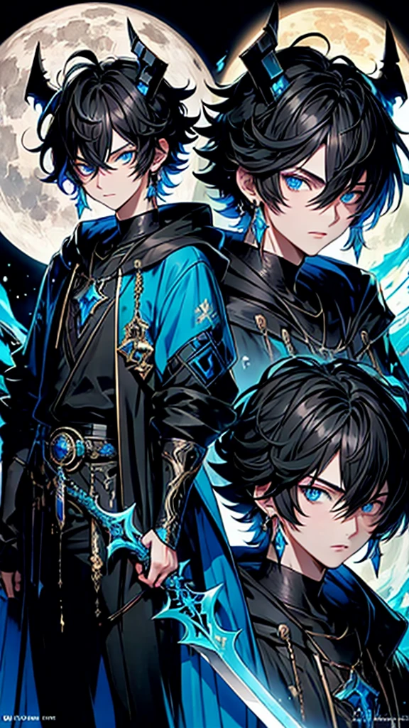 (masterpiece:1.2、highest quality), (Exquisite eyes: 1.2), (Detailed Background、Dark fantasy), (beauty detailed face), High Contrast, (Best lighting、Very delicate and beauty), ((Cinema Lighting) )), colorful, Hyper Detail, Dramatic Light, Intricate details, (1 teen boy, scruffy black hair, bangs, Blue eyes, moon, dark night, long earrings, black hoodie, blue demon horns, blue great sword at the back, looking at viewer, upper body), Black light swirling around the character, Depth of written boundary, black light particles, Nightcore, Spectacular anime style, zerochan art, Anime Wallpaper, Burning, High quality anime art style, Key Anime Art