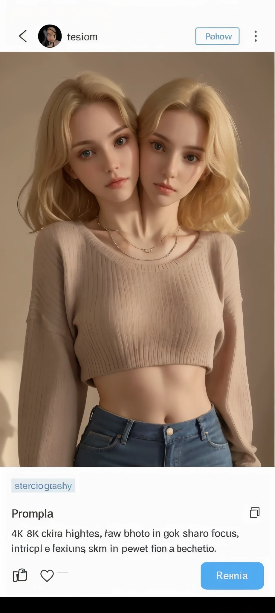 4k, 8k, ultra highres, raw photo in hdr, sharp focus, intricate texture, skin imperfections, realistic, detailed facial features, highly detailed face, posing, standing,perfect lighting, necklace, caucasian women, (fashion),Peachmilky1, blonde hair,sweater, midriff, conjoined_dicephalus, (two heads:1.2)