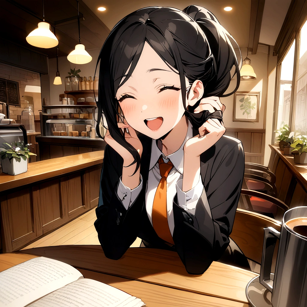 girl, Black Hair, sister, Tie her hair into a ponytail、Laughing at the speaker, High-quality images, Tabletop, beautiful girl, Cafe,