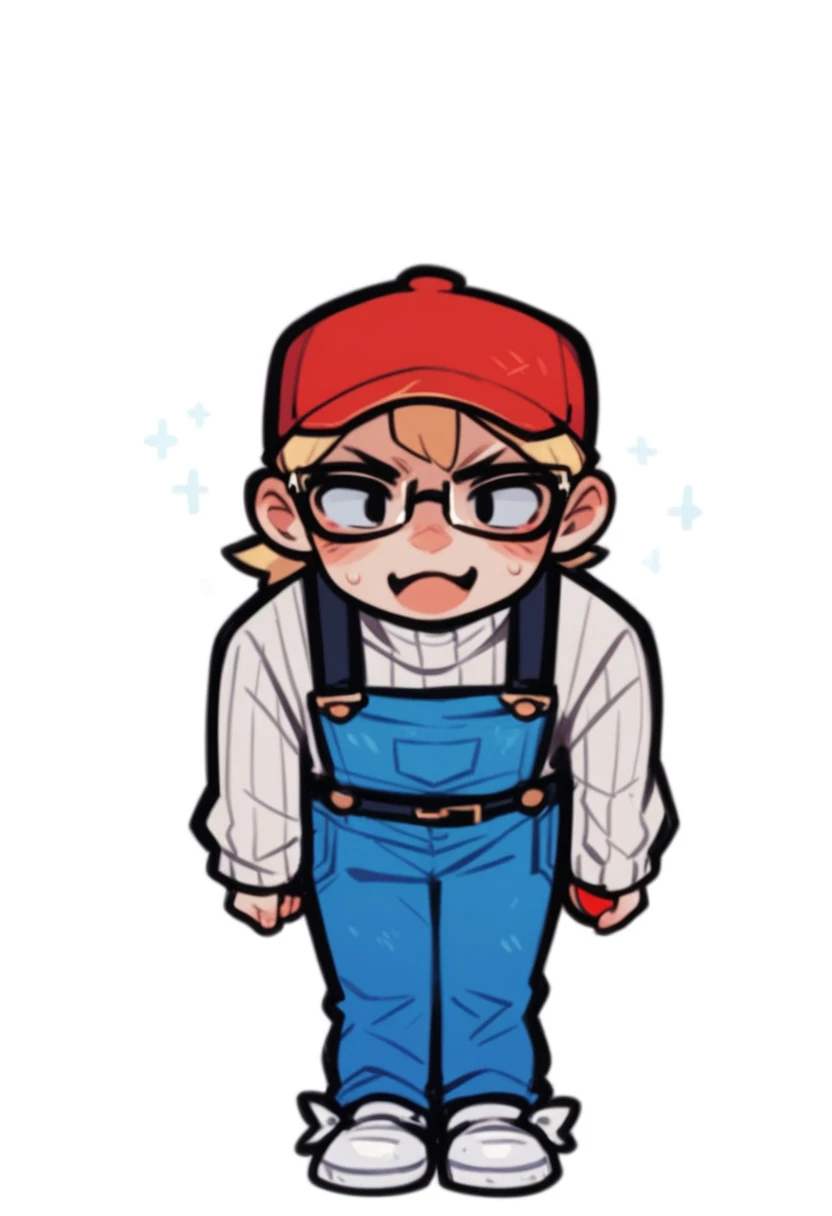 young woman with blonde hair, red cap, wears glasses, white & grey stripey sweater, blue overalls, white shoes, holding poke ball