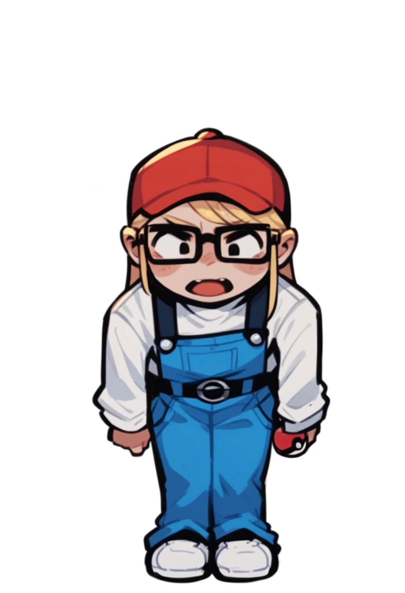 young woman with blonde hair, red cap, wears glasses, white & grey stripey sweater, blue overalls, white shoes, holding poke ball