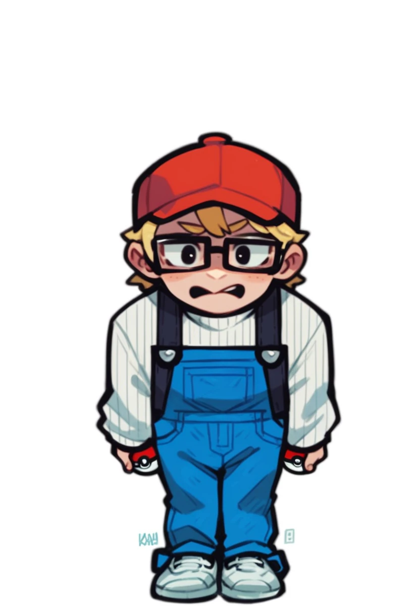 young woman with blonde hair, red cap, wears glasses, white & grey stripey sweater, blue overalls, white shoes, holding poke ball