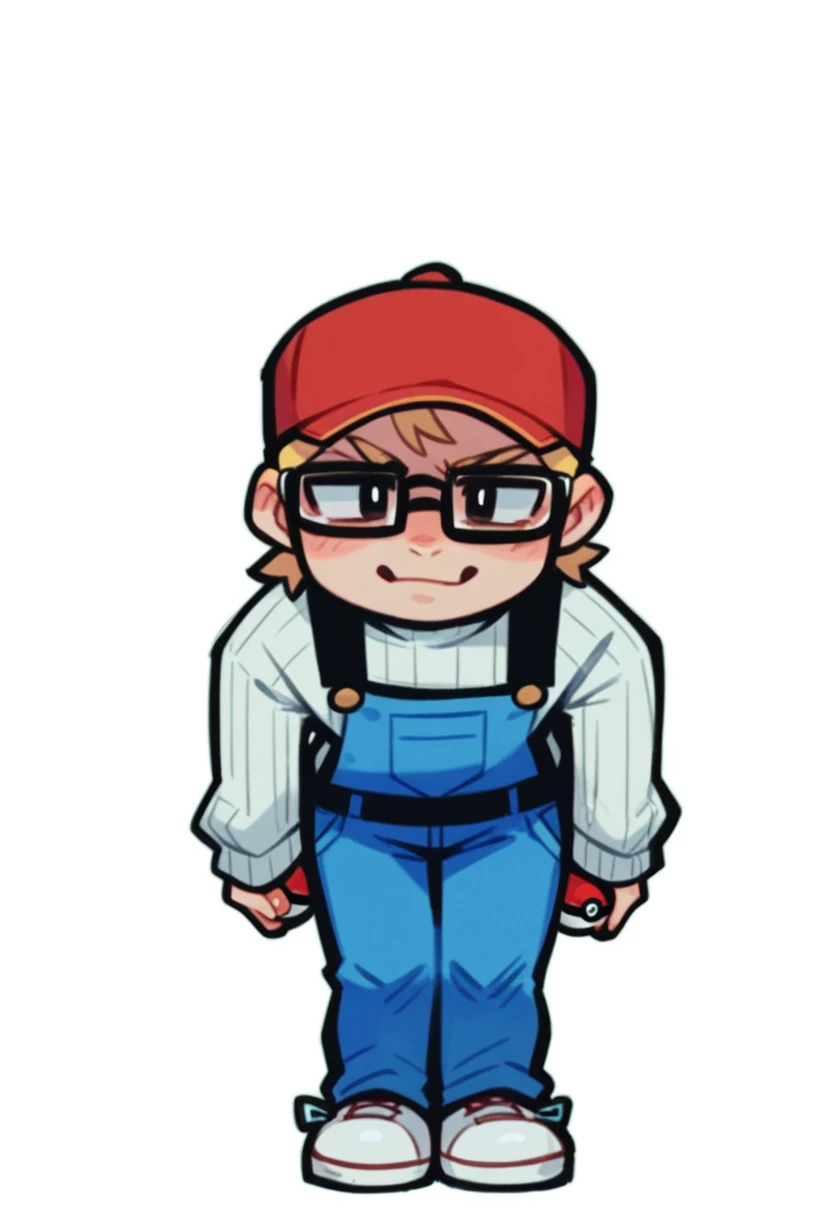 young woman with blonde hair, red cap, wears glasses, white & grey stripey sweater, blue overalls, white shoes, holding poke ball