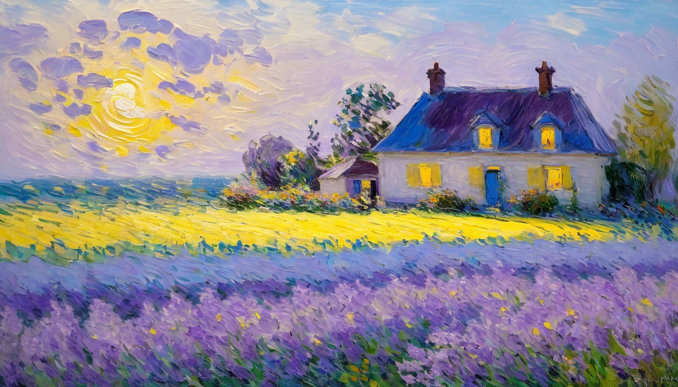Farm house, lighting and colors in the Impressionist Claude Monet style with shades of lilac, blue and yellow, an atmosphere of speed and power - Claude Monet style impressionist painting