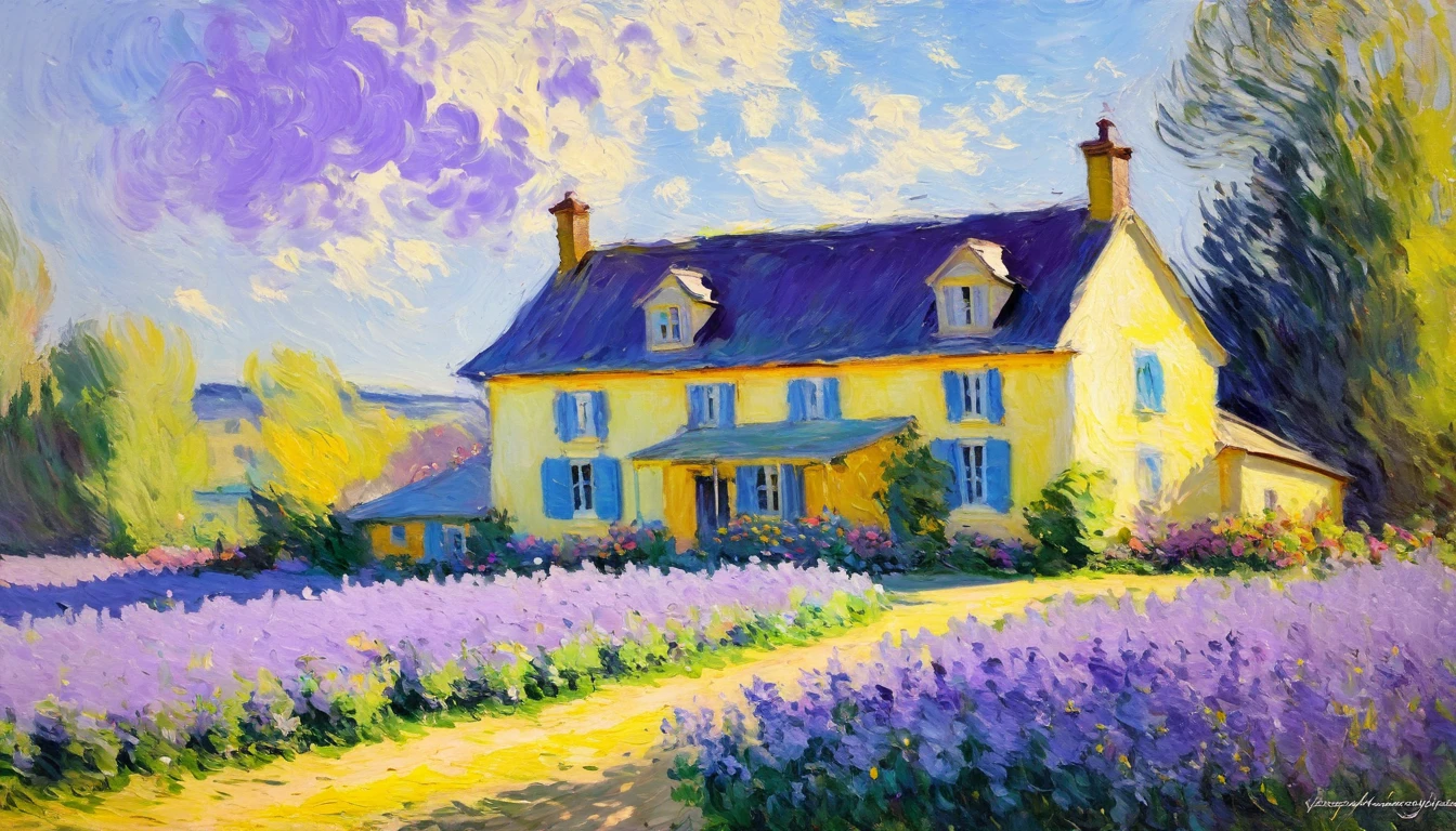 Farm house, lighting and colors in the Impressionist Claude Monet style with shades of lilac, blue and yellow, an atmosphere of speed and power - Claude Monet style impressionist painting