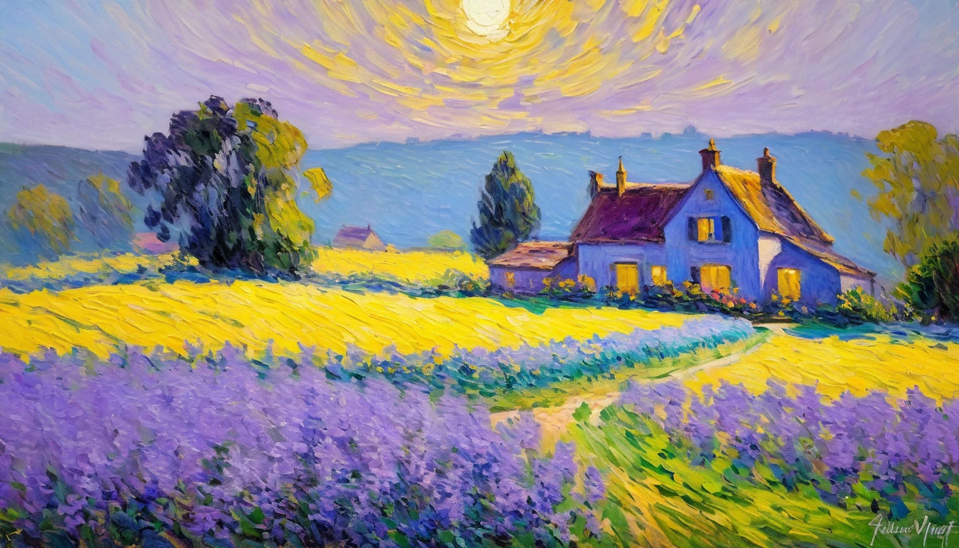 Farm house, lighting and colors in the Impressionist Claude Monet style with shades of lilac, blue and yellow, an atmosphere of speed and power - Claude Monet style impressionist painting