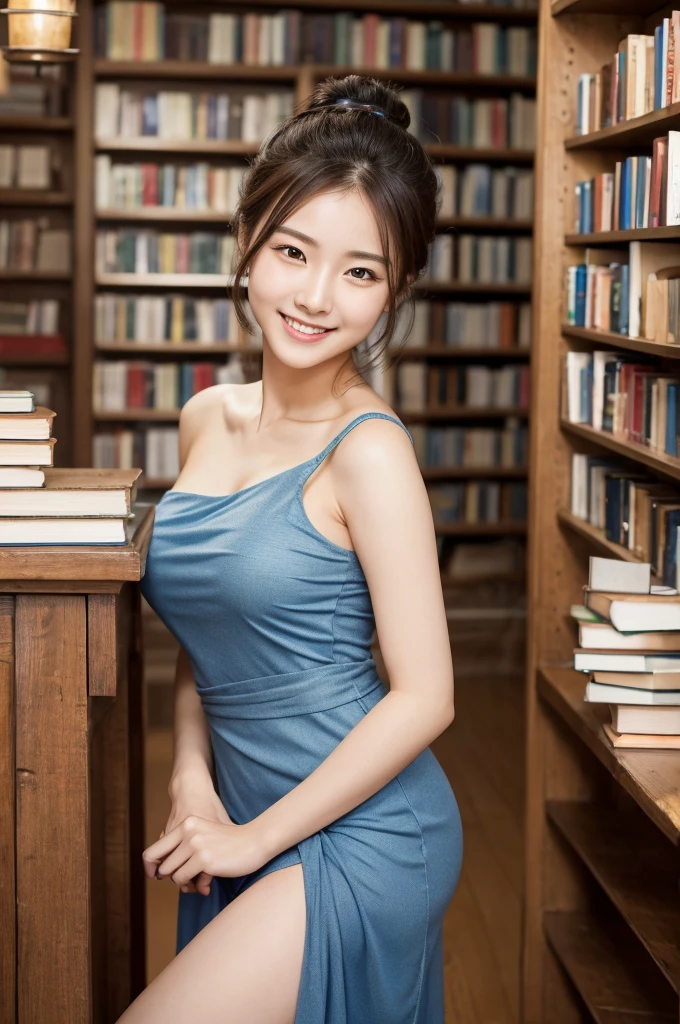 (8k, RAW photo, best quality, masterpiece:1.2), (realistic, photo-realistic:1.4), (extremely detailed 8k wallpaper),korean 20 age woman, The image captures her surrounded by shelves of books, emphasizing her intellectual curiosity and the quaint charm of the bookstore,cute face,A woman who looks good with a smile,bewitching hair,reading a book happily,(sexy costume),One-shoulder dress,A smile that invites others,Lower Ponytail,Underwear is slightly visible through clothes