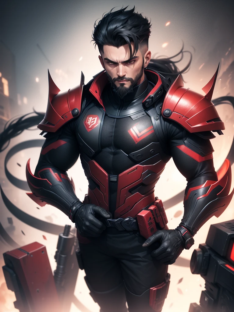 アニメ, grown-up. Supreme Marshal serious muscular slim strong with a long sniper flank gun with red energy technological details. Short black hair on top combed back short high fade shaved on the side. Wearing super detailed and dark equipped black armor with various equipment with red energy tech details, well polished and polished with equipment vests on the waist with grenades and energy vials. Beautiful black and red energy earring. beautiful boss, male with short beard style elegant goatee. fund: He is on top of a building aiming a long sniper with red plasma technological details. Large, flowing black coat on the back.