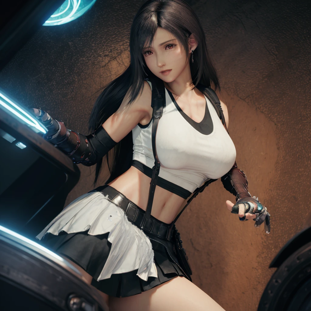 8k,masterpiece, bset quality,big, (1 girl), tifa lockhart, red_eyes, black hair, long hair, professional lighting, (shiny skin: 1.2), shiny big, ((best quality)), sharp focus: 1.2, highly detailed face and skin texture, detailed eyes, perfect face, perfect body, blur art, cg, backgroundBig breasts, 20yo, mature cool and beautiful face, wearing ((suspender black skirt), black elbow gloves, white taut shirt, thigh, white tank top), blush, lively pose, (mittgal), floating hair, random pose,