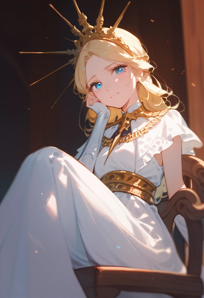 Princess, blonde hair, royal features, slight smile, white dress, in the middle of dark fires, sitting on a wooden chair, sad but smiling, blue eyes.