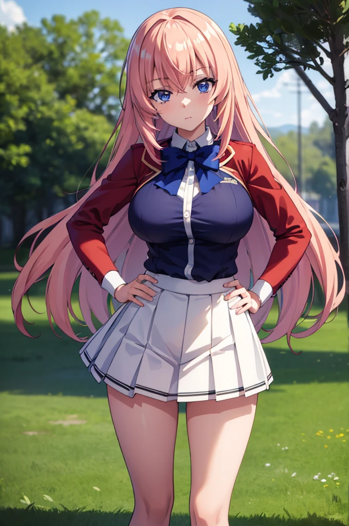 (masterpiece:1.3), (best quality:1.1), (8k, ultra detailed, ultra high res:1.2), ((anime style)), perfect 5 fingers, perfect anatomy, hand on own hip, 
1girl,
Ichinose honami, 
Ichinose honami \(youjitsu\),
long hair, 
pink hair, 
blue eyes, round eyes, tareme, 
blue bow, 
large breasts, 
red jacket, long sleeves, white skirt, pleated skirt, black calf socks, 
loBREAK oking at viewer, 
cowboy shot, 
perfect light, 
(detailed background:1.2), outdoor, outside, forest, sky, sun, 