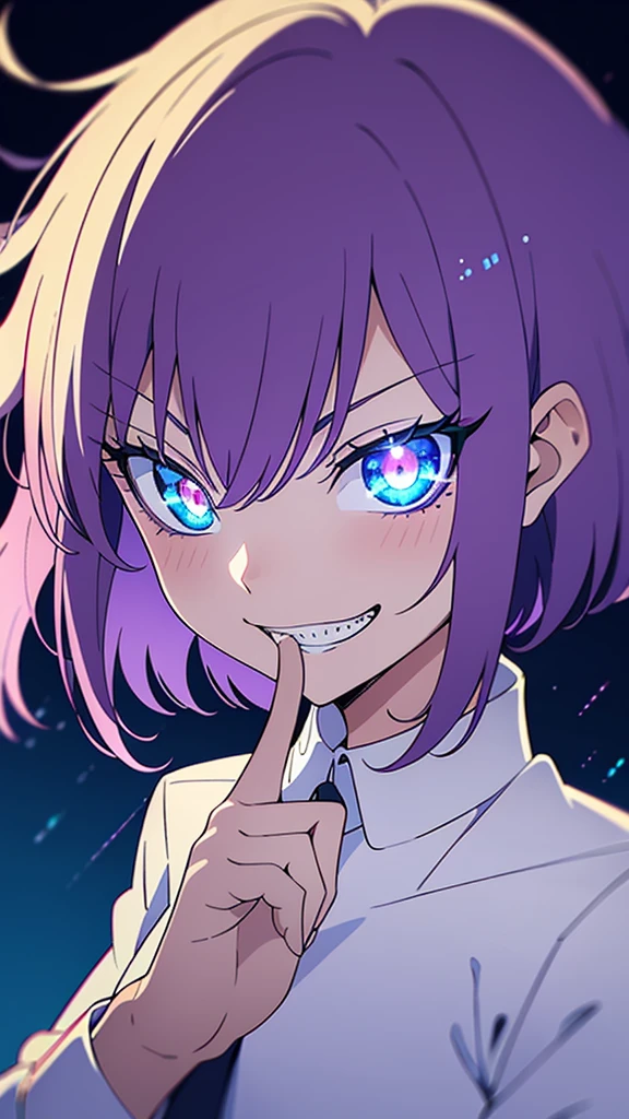 (Messy light)、(The best shadows)、Attractive, colorful eyes that shine beautifully,beatfiful face, ultra detailed face, 1 lady, solo masterpiece, Highest quality, ultra detailed, CG unity 8k wallpaper, Cinema Lighting, Lens flare, ultra detailed eyes,silver hair, very short hair, (evil smile:1.2), (evil grin:1.3), (sharp eye:1.2),(scowl:1.1), (stare at viewer:1.5), (embarrassed,blush:1.3), (ecstasy:1.3) ,(slut:1.2),(vulgarity:1.3),(fucked silly:1.1),(wet:0.8),(drooling:0.6),(sweat:0.8), white collared shirt, from front, (put index finger on mouth:1.2), light blue eyes, sparkling eyes, pink lips, beautiful lady, cityscape, midnight, backlighting,,nsfw, ((Streaks of Light refraction Glowing white lines)), Shining Background, Shining Edges,men’s shirts, oversized shirts, upper body, colorful sky. Colorful stars,