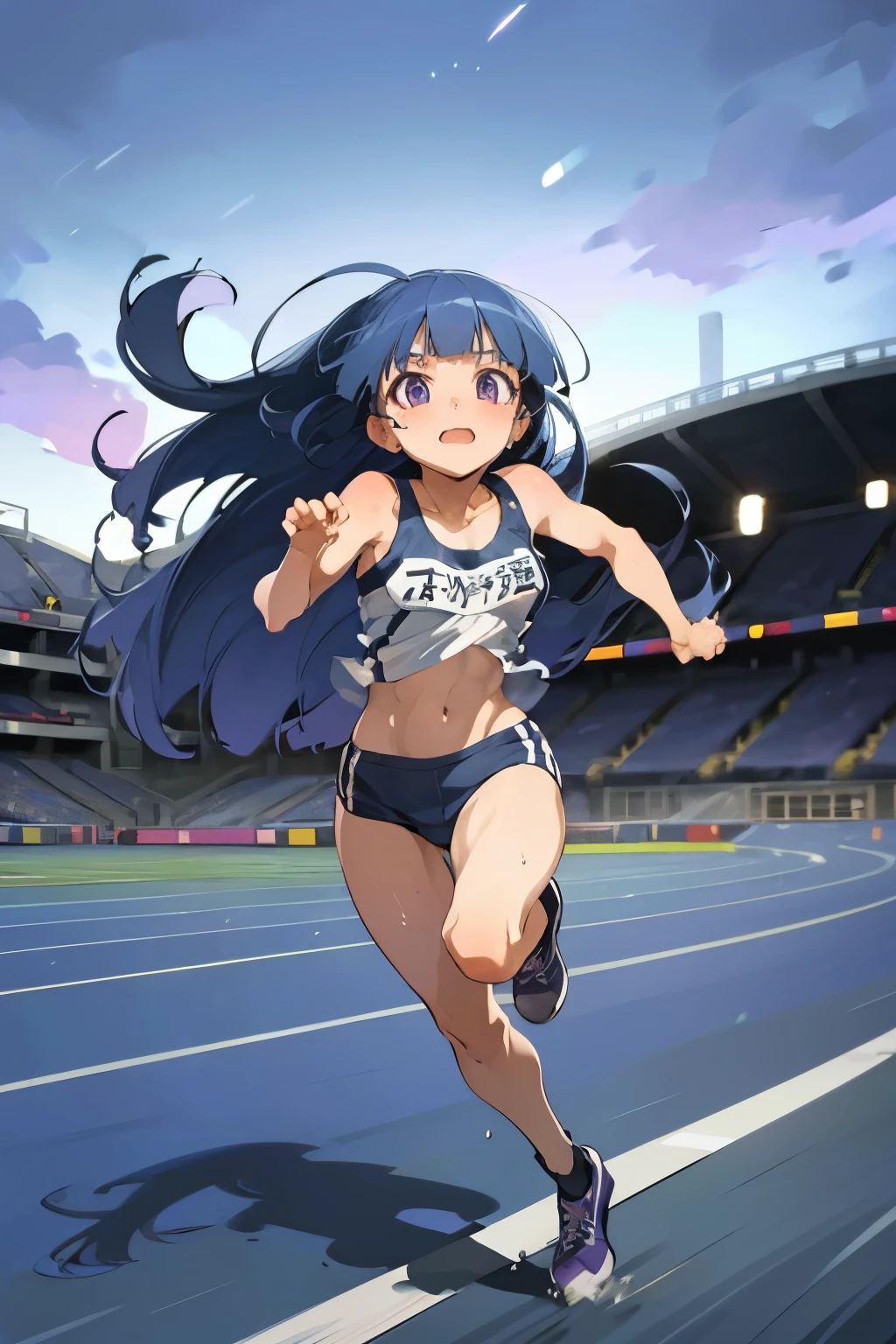 1 Girl, alone, Blue Hair, Purple eyes, Long Hair, blunt bangs, bangs, chibi, Track and field athlete, Stadium, Running at full speed on the track, Motion Blur Effect, Sweat luster, Energetic, powerful, Vibrant colors