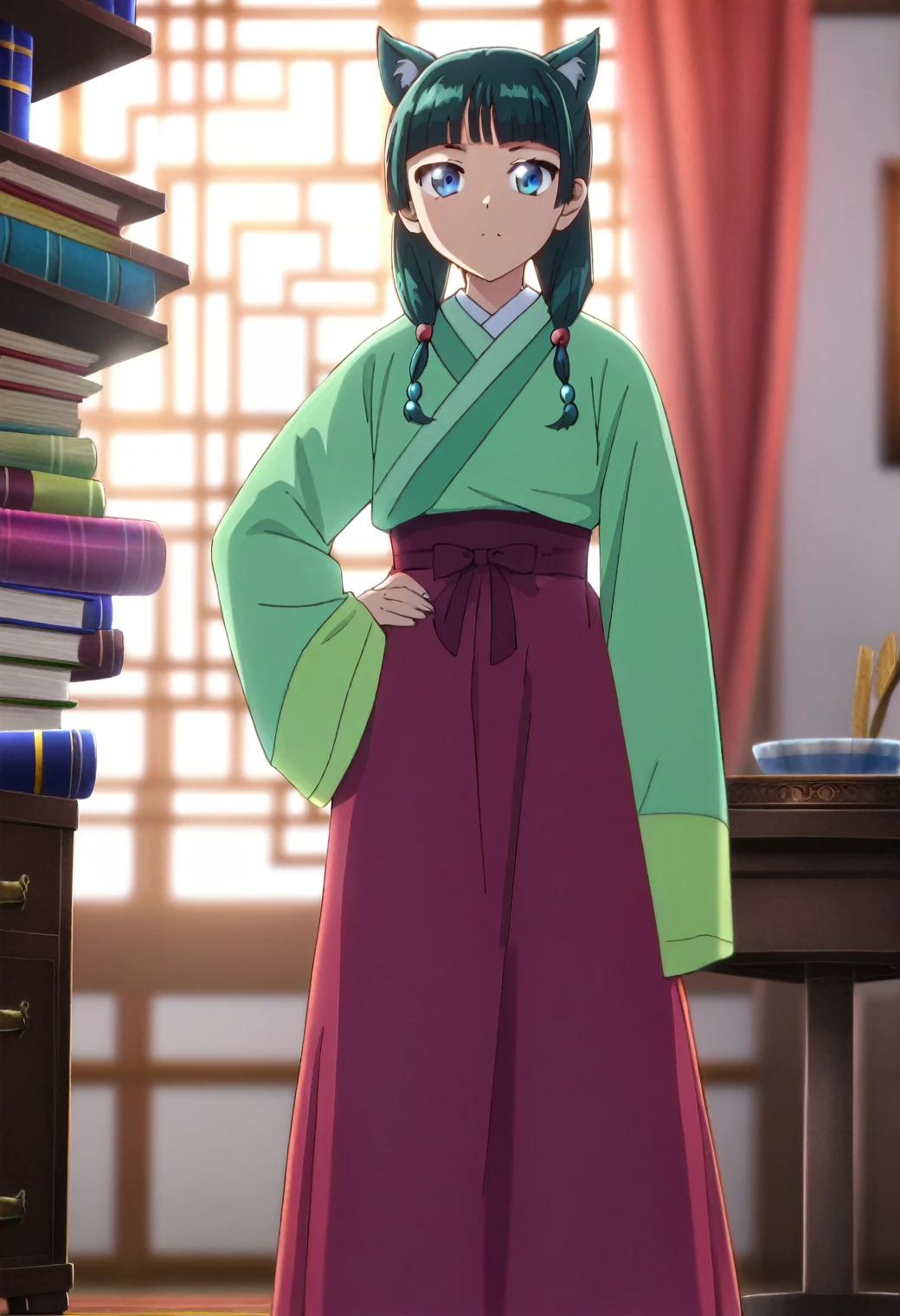 1girl, maomao, solo, green hair, long hair, blue eyes,hair ornament,cat ears, BREAK
blurry foreground, bookshelf, closed mouth, depth of field, light green hanfu, default clothes, chinese clothes, long sleeves, wide sleeves, red hakama, default hairstyle, sidelocks, blunt bangs, hair beads, hair over shoulder, standing, low twintails, BREAK
score_9, score_8_up, score_7_up, score_6_up, anime, BREAK
(high quality, detailed, beautiful), shiny, detailed beautiful eyes, outstanding, countershading, detailed soft lighting, standing, hand on hip, full body