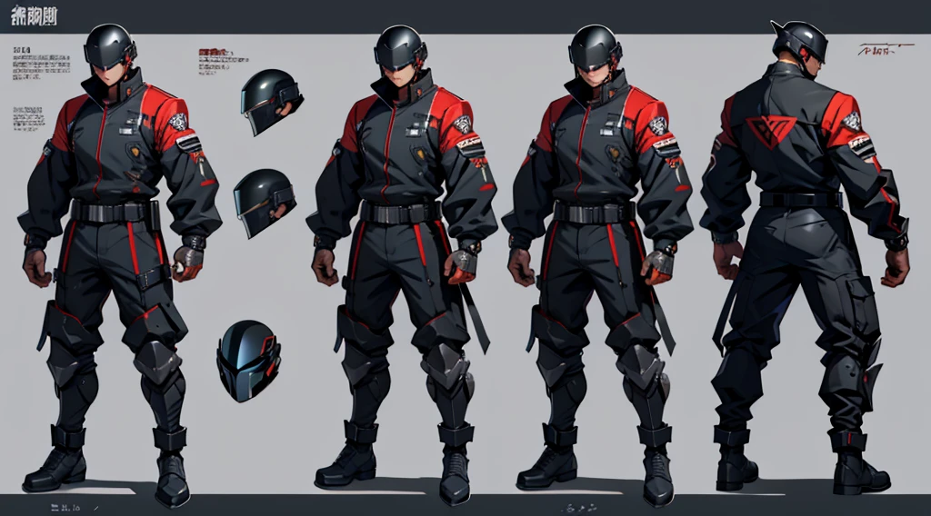 Character design sheet、male、Black military uniform、Detailed face、Body Armor、Cyber Helmet